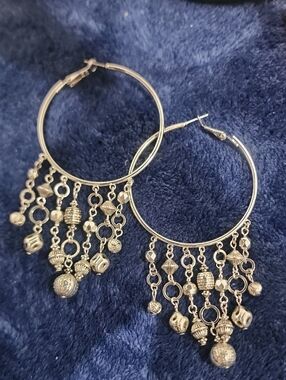Silver Hoop Earrings with Dangling Bead Charms